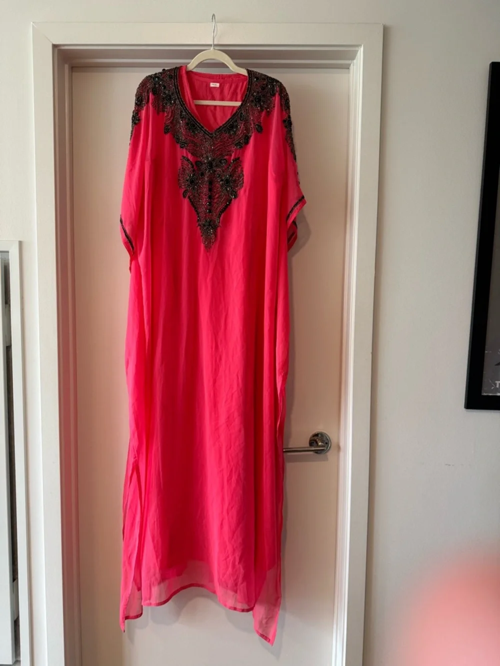 Beaded V-Neck Maxi Kaftan Dress in Bright Pink - Picture 1 of 5